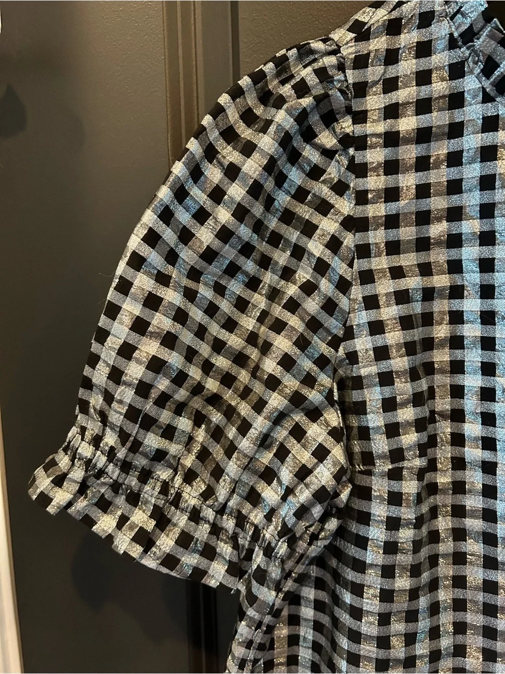 J. Crew Black and Silver Gingham Puff Sleeve Blouse NEW wo tags